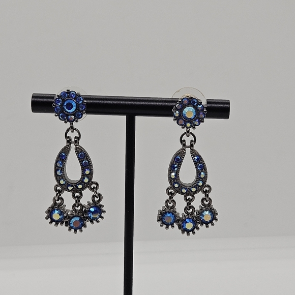 blue AB rhinestone teardrop chandelier earrings signed Butler - Picture 1 of 4
